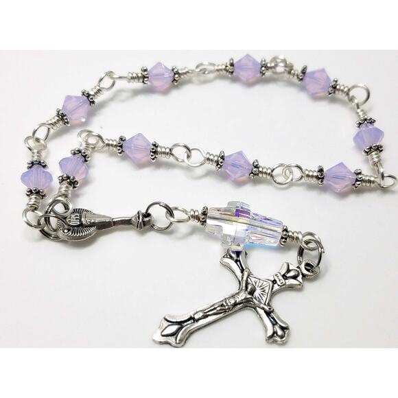 Wire-wrapped Handmade One Decade Rosary, Lilac Opal Crystal Beads - Picture 1 of 10
